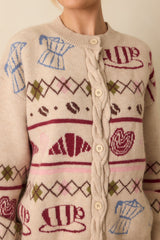Morning Brew Beige Multi Coffee & Pastry Knit Button Up Cardigan