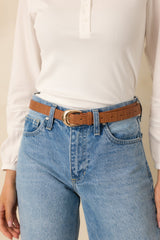 Always in Place Cognac Brown Woven Texture Faux Leather Belt
