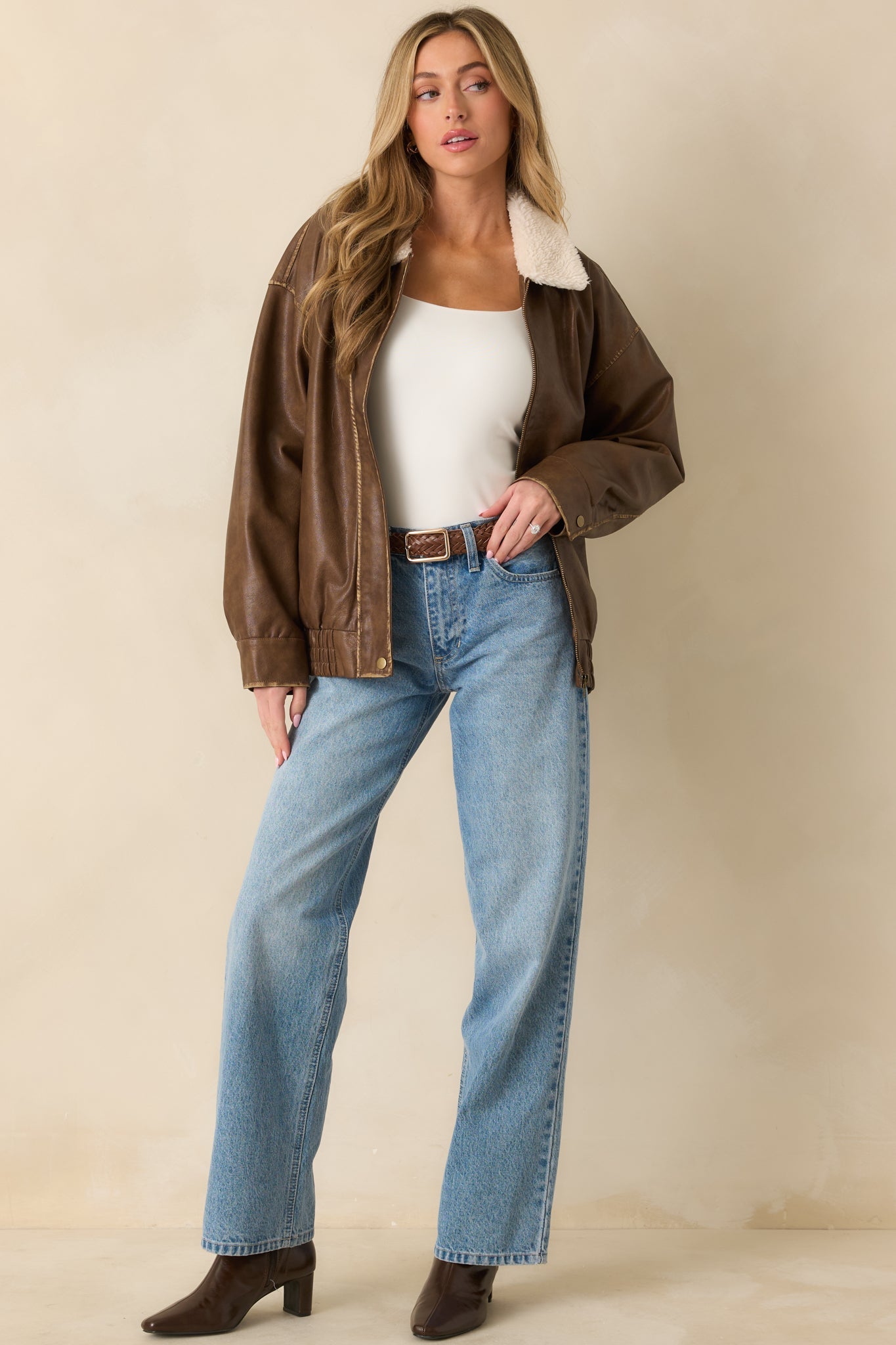 Fly Right Cognac Brown Faux Leather Bomber Jacket