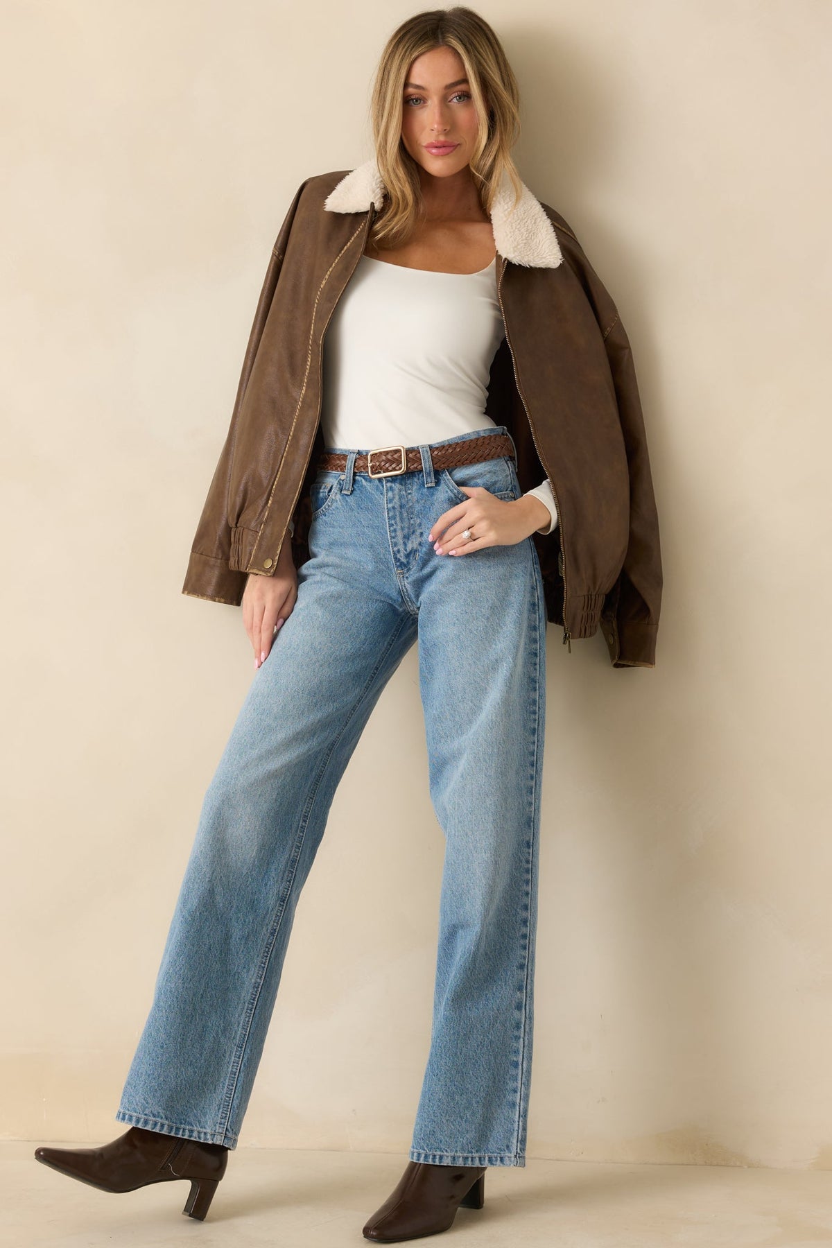 Fly Right Cognac Brown Faux Leather Bomber Jacket