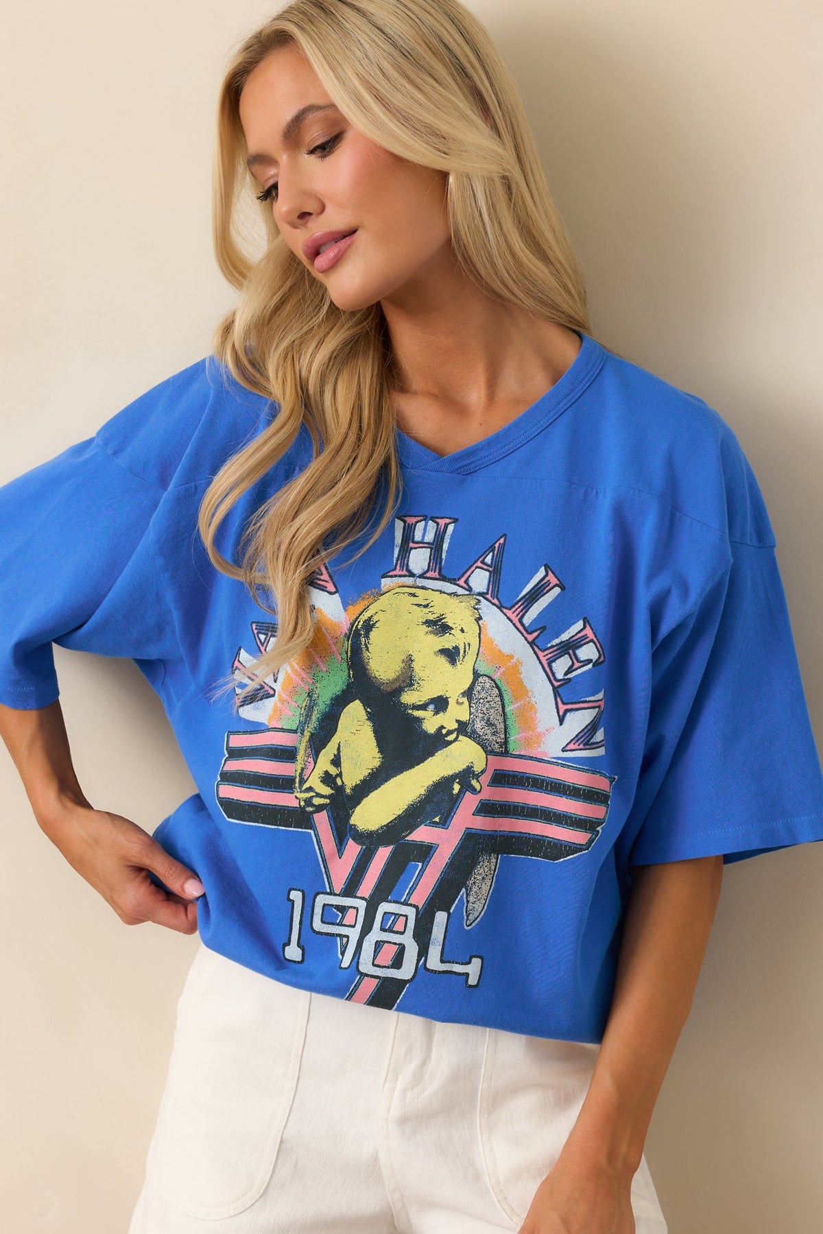 Van Halen Cobalt Blue Cotton 1984 Oversized Jersey Graphic Tee