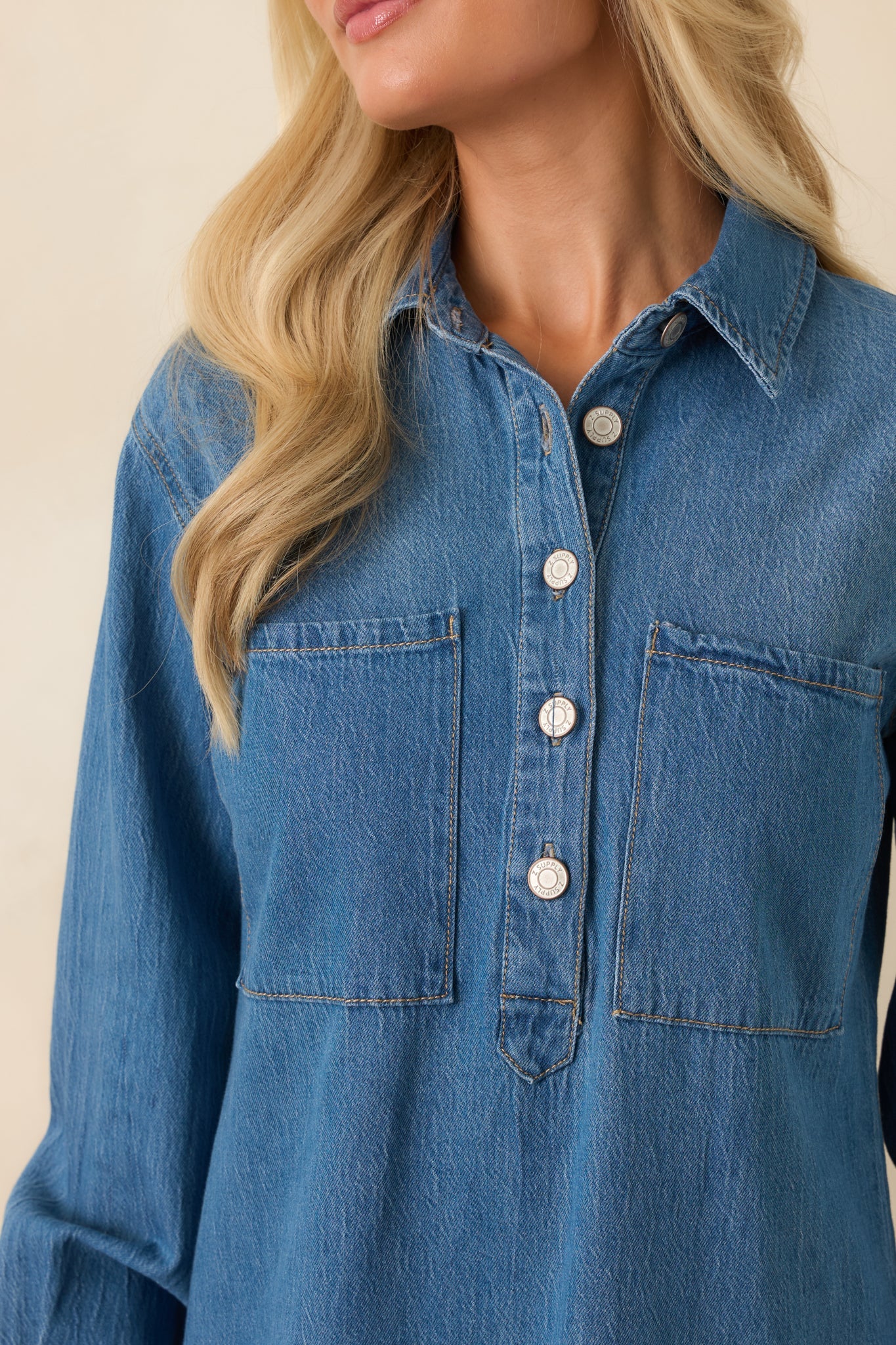 Z Supply Lucie Medium Wash Cotton Denim Mini Shirt Dress