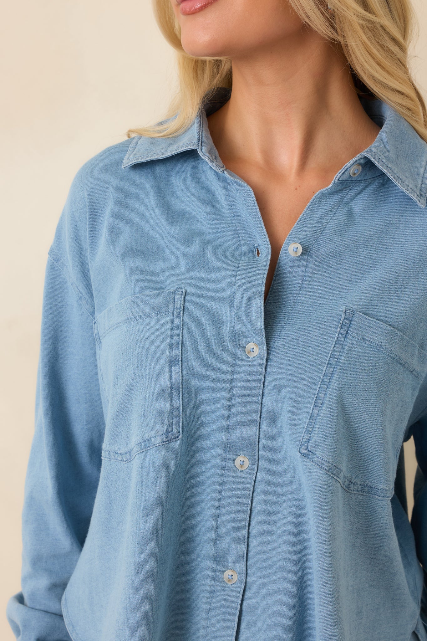Z Supply Reese Washed Indigo Cropped Denim Jersey Button Up