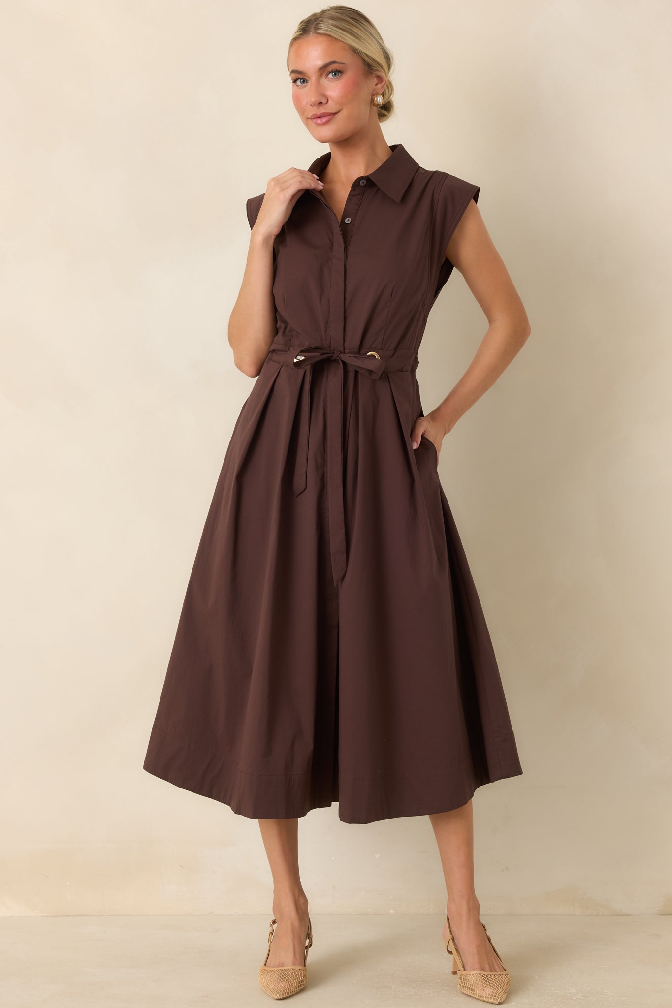 A Better Plan Brown Cotton Poplin Belted Midi Dress