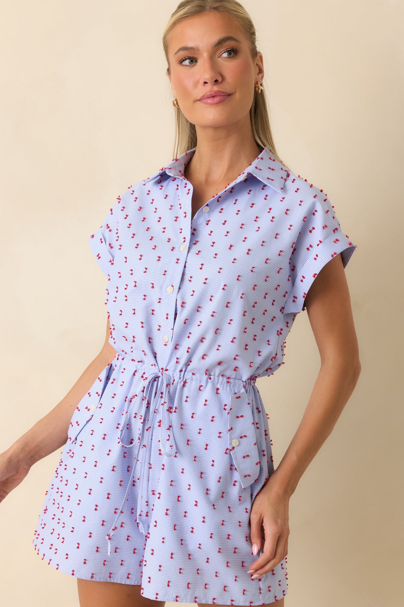 Prosperina Aubrey Blue Gingham Embroidered Romper
