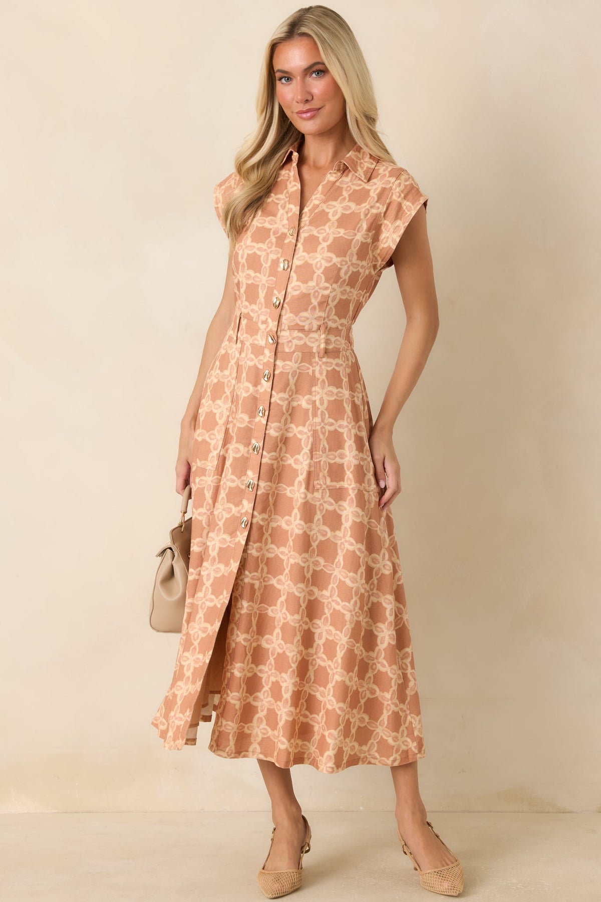 The Next Chapter Tan & Ivory Printed Midi Dress
