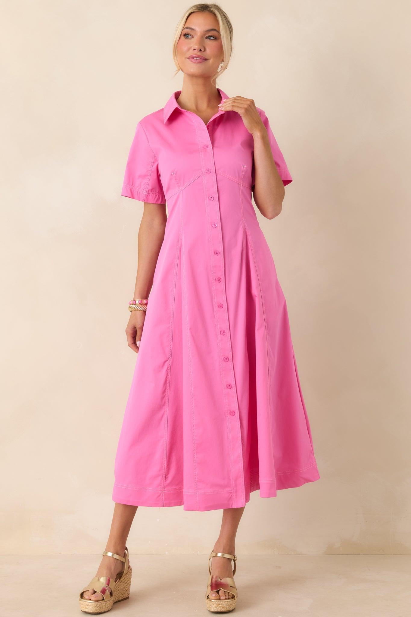 Make It Look Easy Pink Short Sleeve Midi Shirt Dress