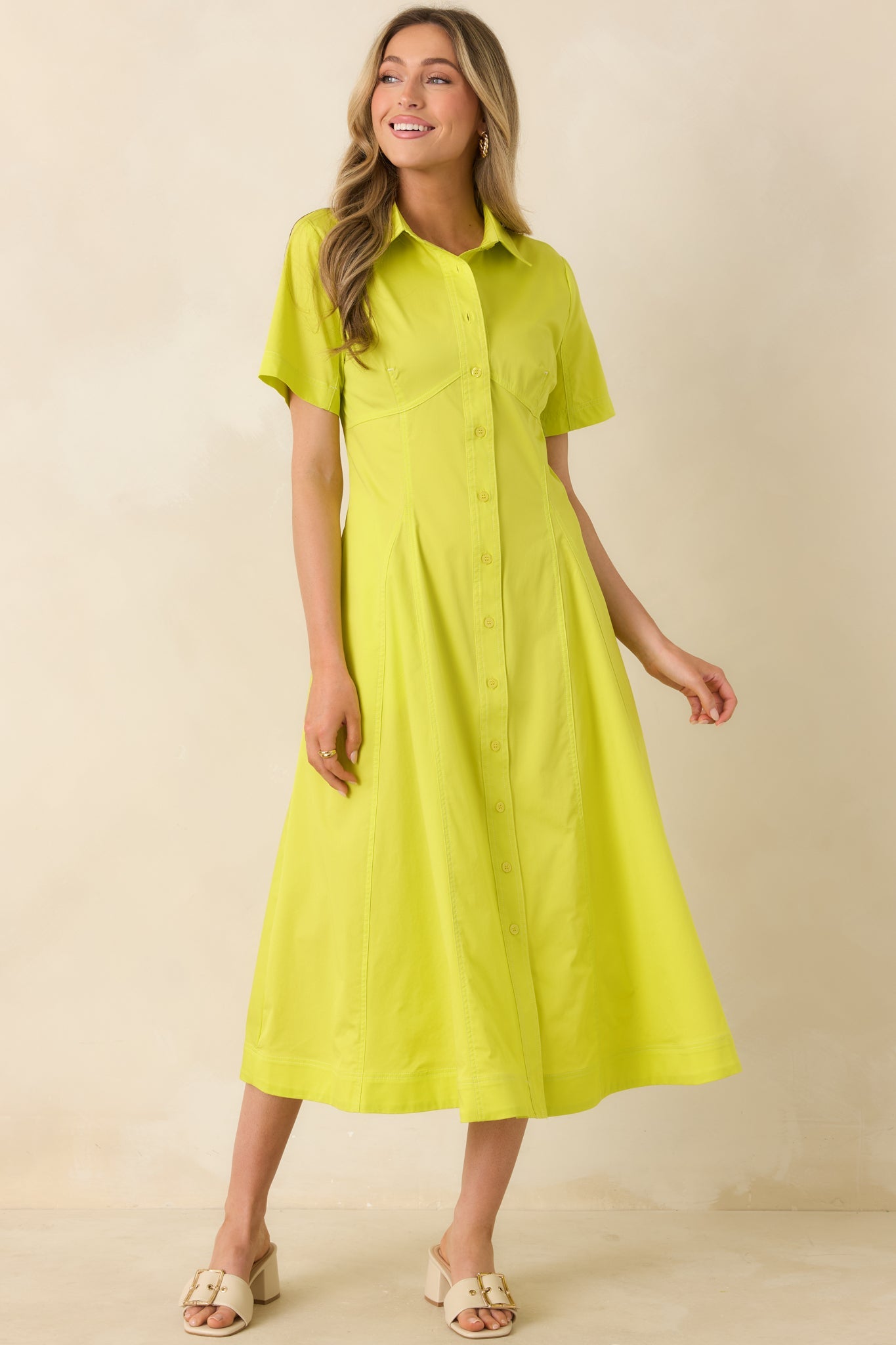 Make It Look Easy Chartreuse Short Sleeve Midi Shirt Dress