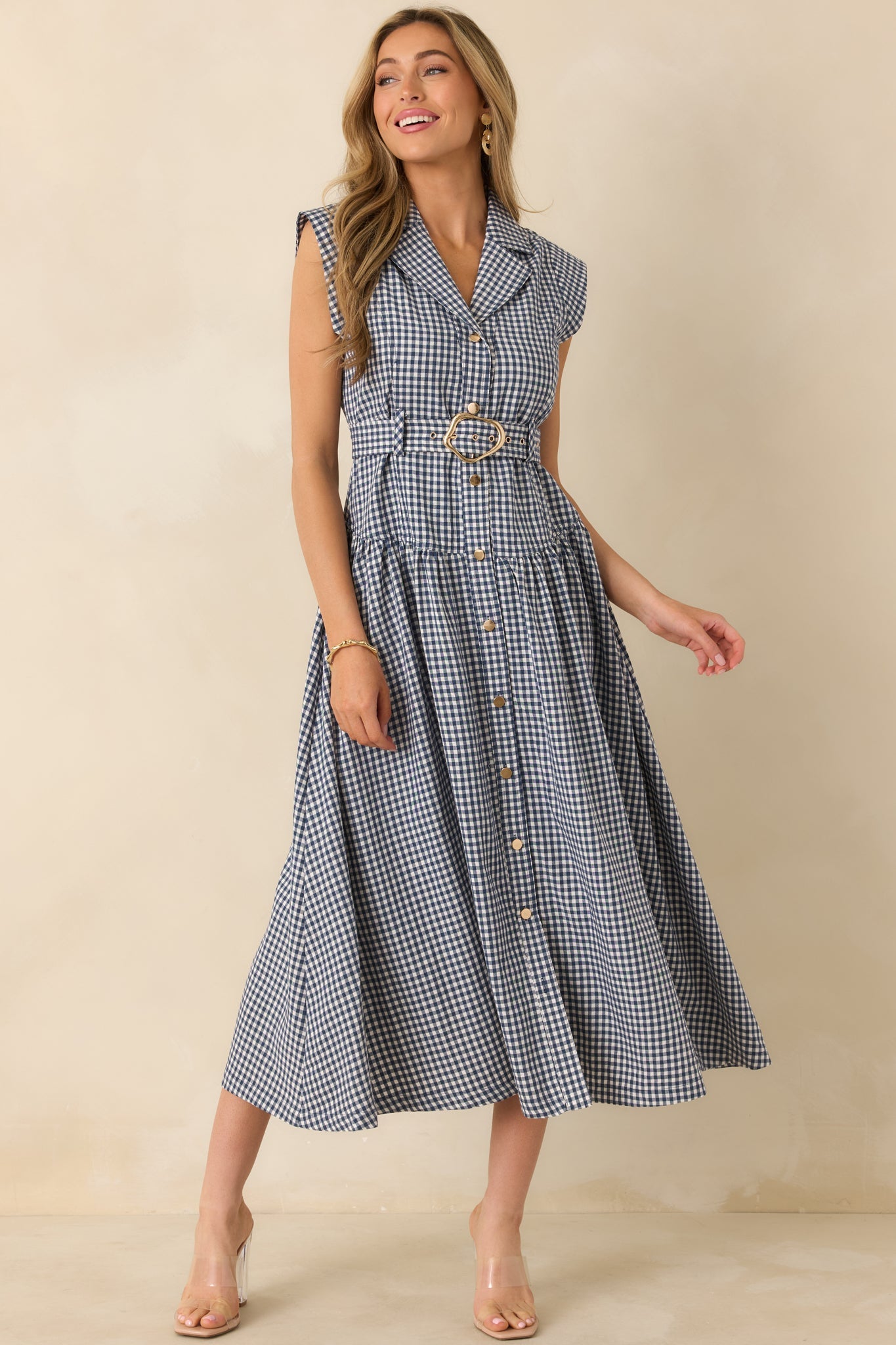 Checked and Considered Navy Gingham Belted Sleeveless Button Up Midi Dress