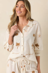 Driftwood Days Light Beige Cotton Coastal Embroidered Button Down Top