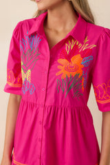 Island Glow Fuchsia Tropical Cotton Embroidered Tiered Midi Dress