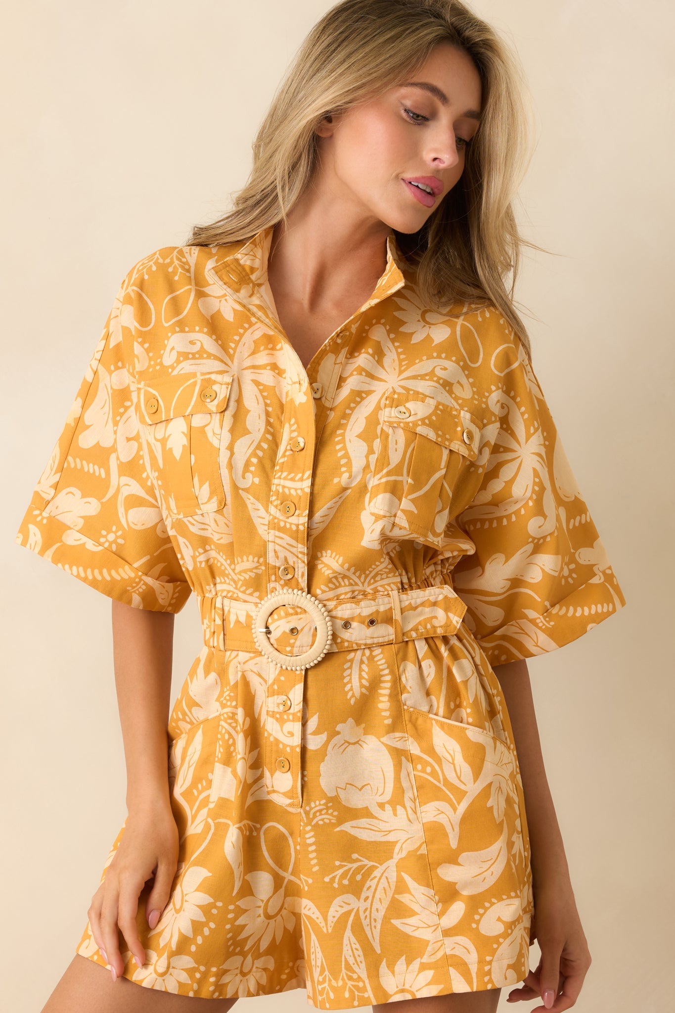 Paradisa Key Largo Marigold Tropical Damask Linen Blend Romper