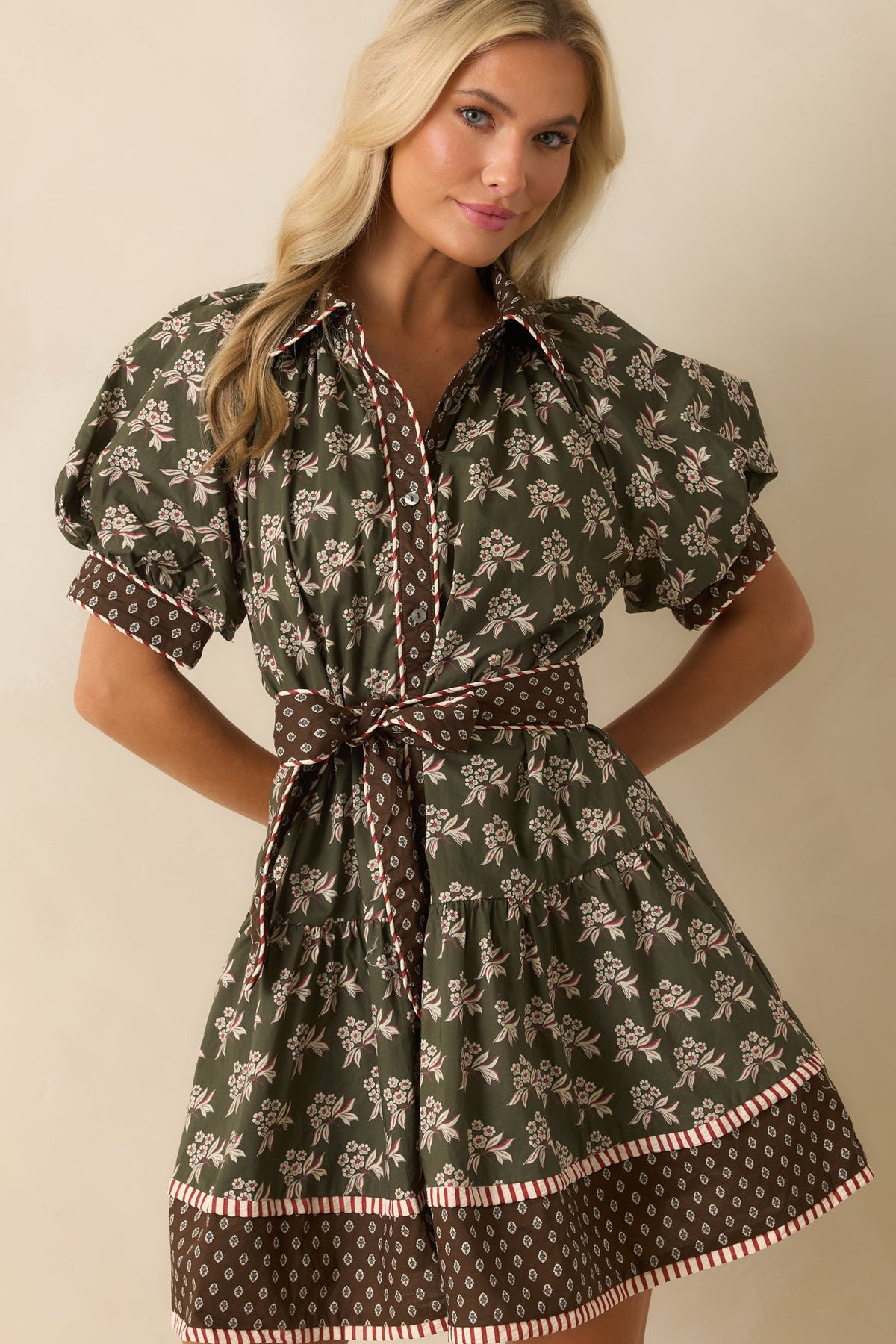 Nothing Forgotten Olive Green Multi Floral Print Cotton Mini Dress