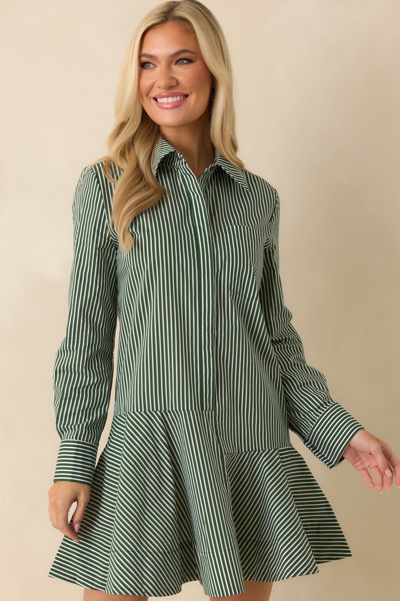 Perfectly Aligned Dark Olive Stripe Long Sleeve Shirt Dress