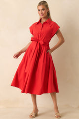 Prosperina Lana Cherry Red Cotton Button-Front Midi Dress