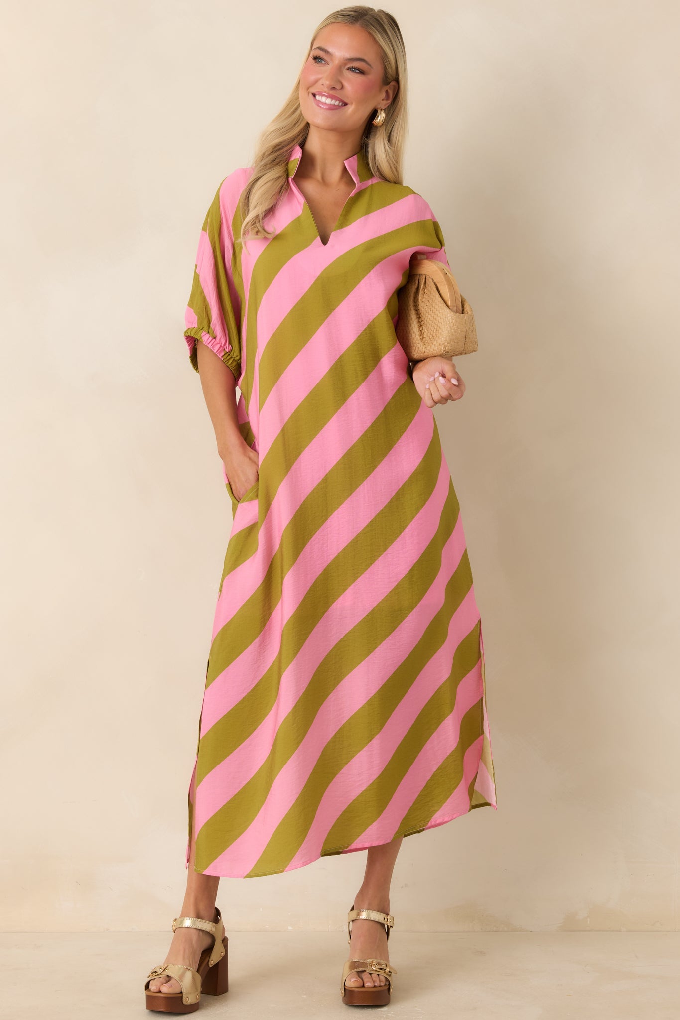 Pretty Persuasive Pink & Olive Green Stripe Maxi Dress