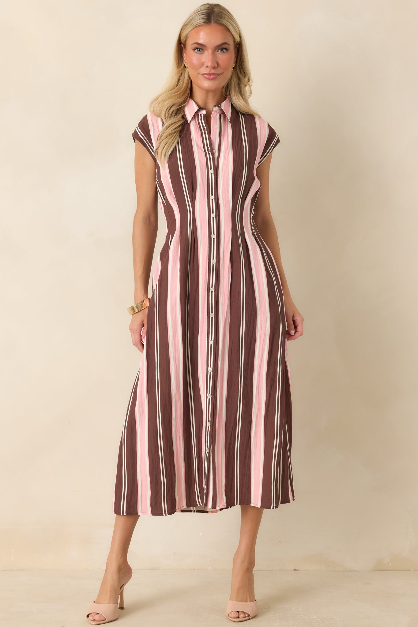 Coffee & Conversation Brown & Pink Stripe Midi Shirt Dress