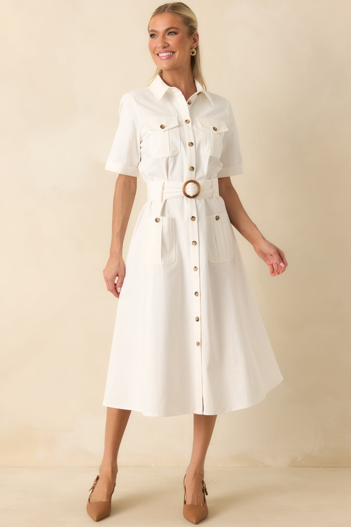 Prosperina Bentley White Cotton Twill Utility Midi Dress