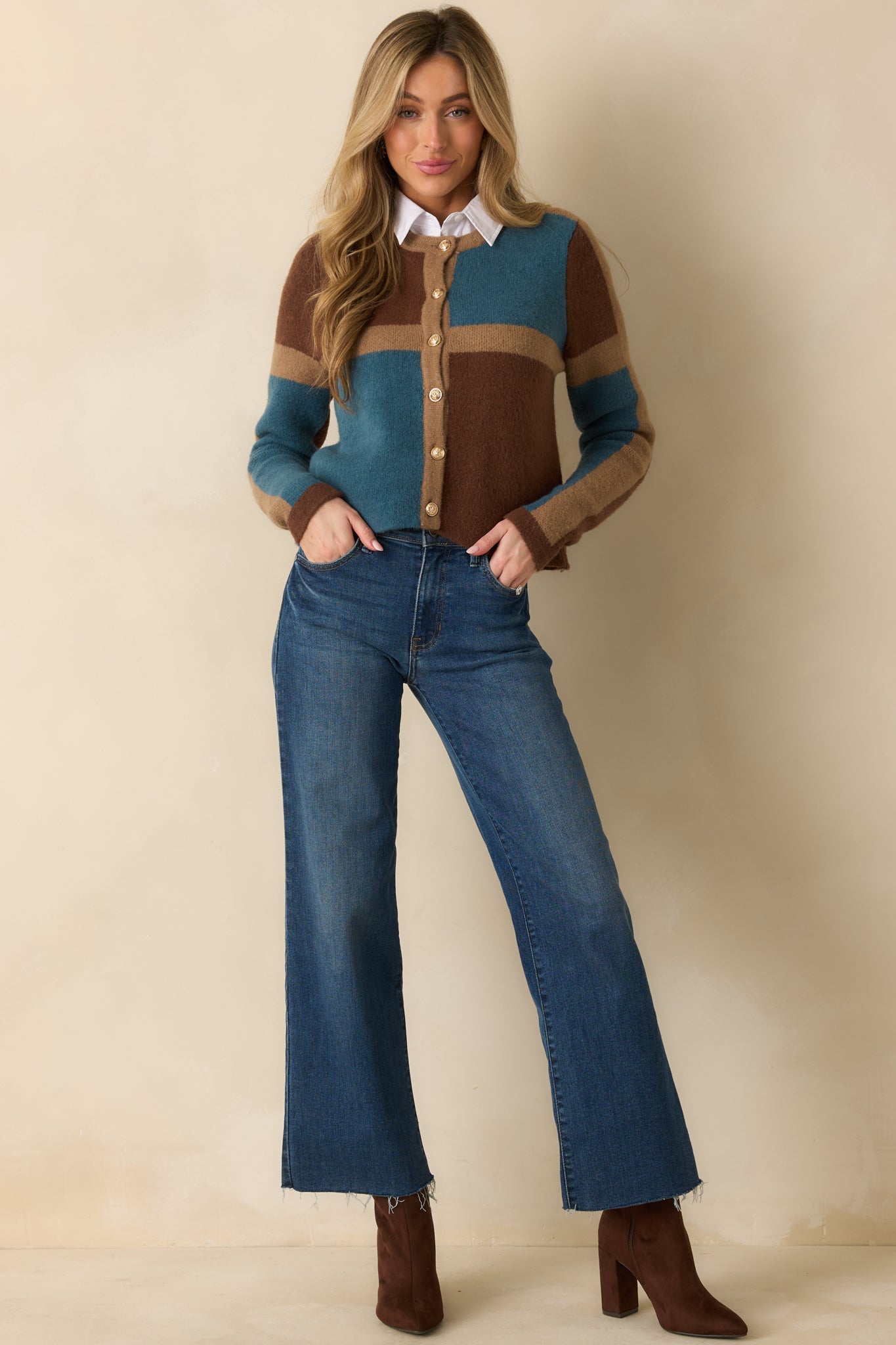 All About Now Brown and Teal Knit Color Block Cardigan Sweater