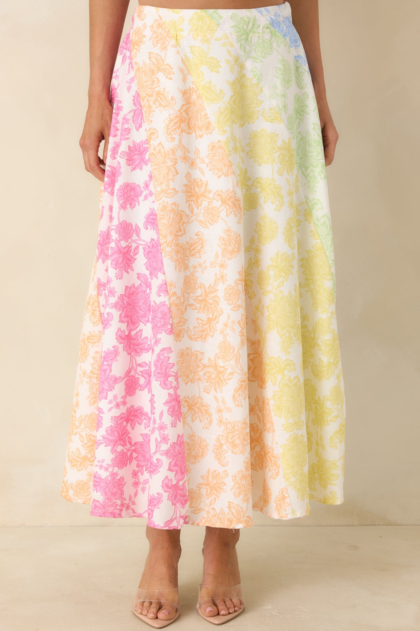 She's a Rainbow Multi Floral Cotton Linen Midi Skirt