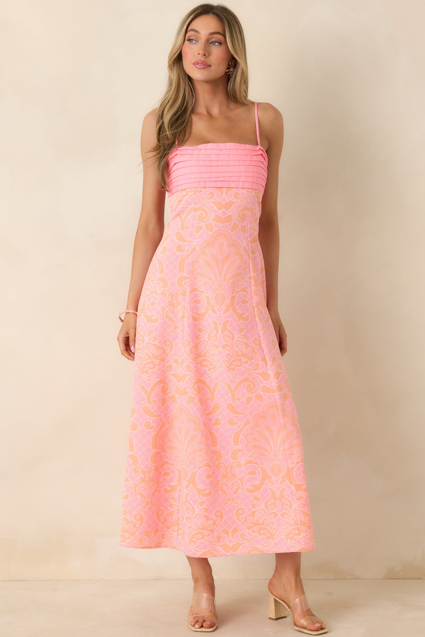 In the Glow Pink & Orange Jacquard Pleated Bust Midi Dress