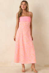 In the Glow Pink & Orange Jacquard Pleated Bust Midi Dress