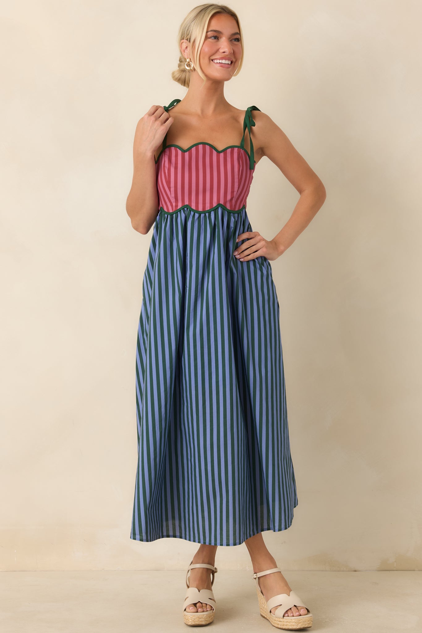 Wrong Place, Right Time Blue & Burgundy Stripe Cotton Midi Dress