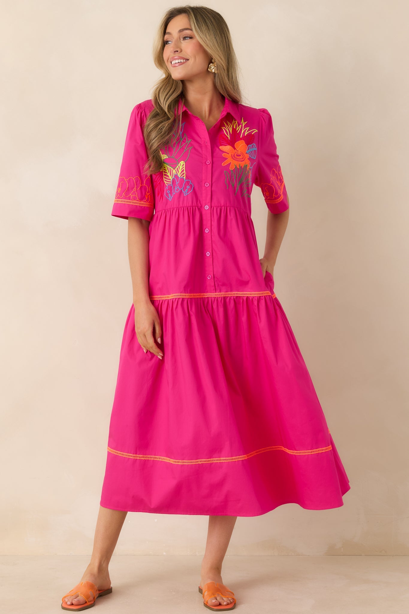 Island Glow Fuchsia Tropical Cotton Embroidered Tiered Midi Dress