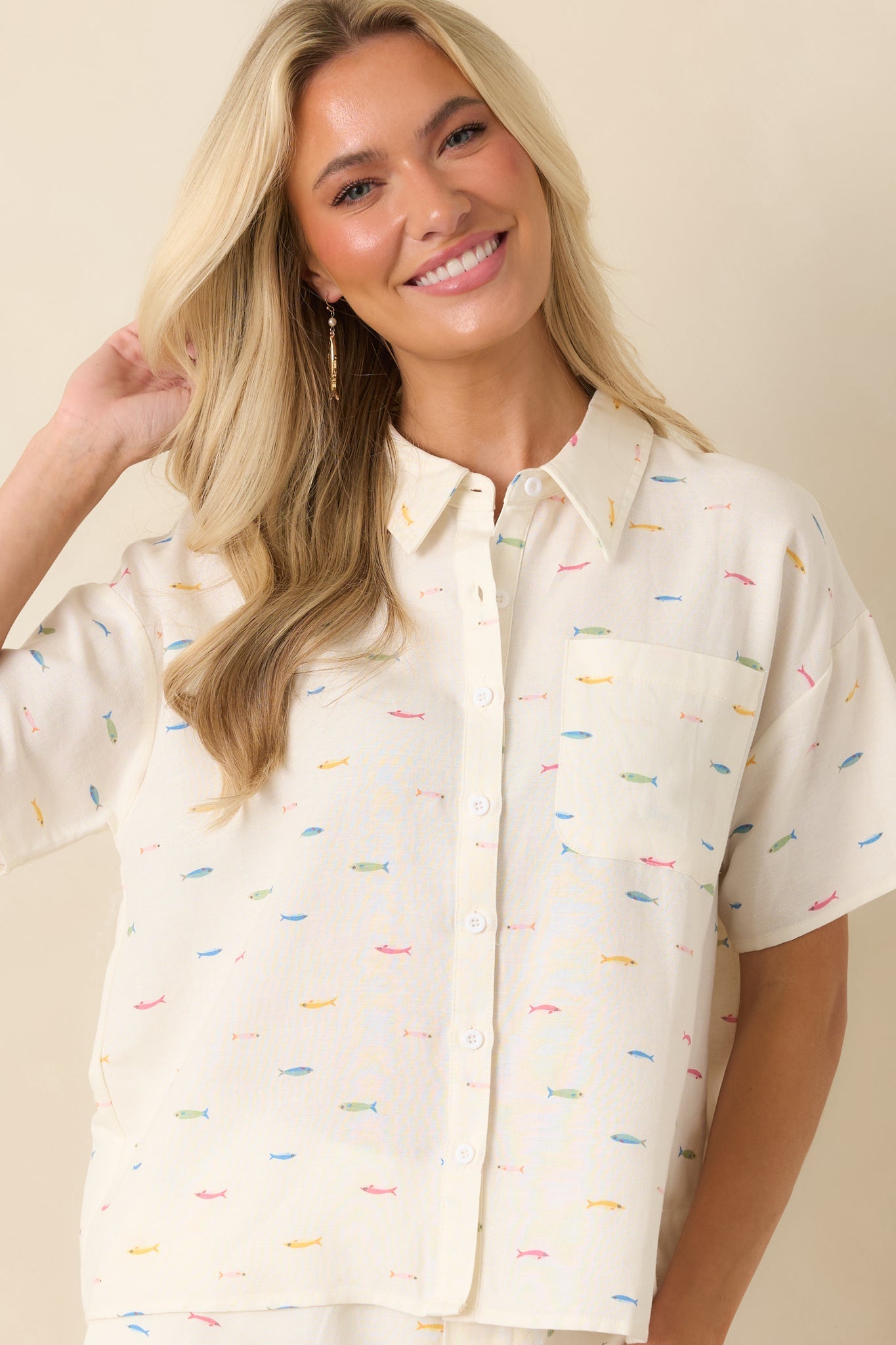 School's Out Ivory Multi Fish Print Button-Up Top