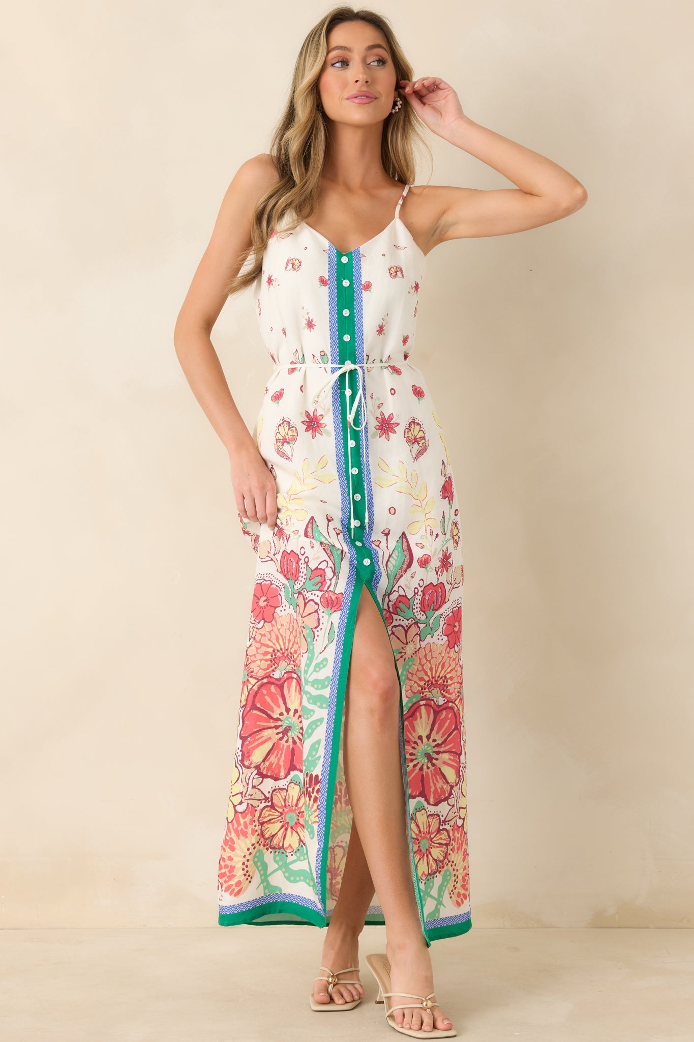 Floral Fantasy Green & Coral Pink Floral Maxi Dress