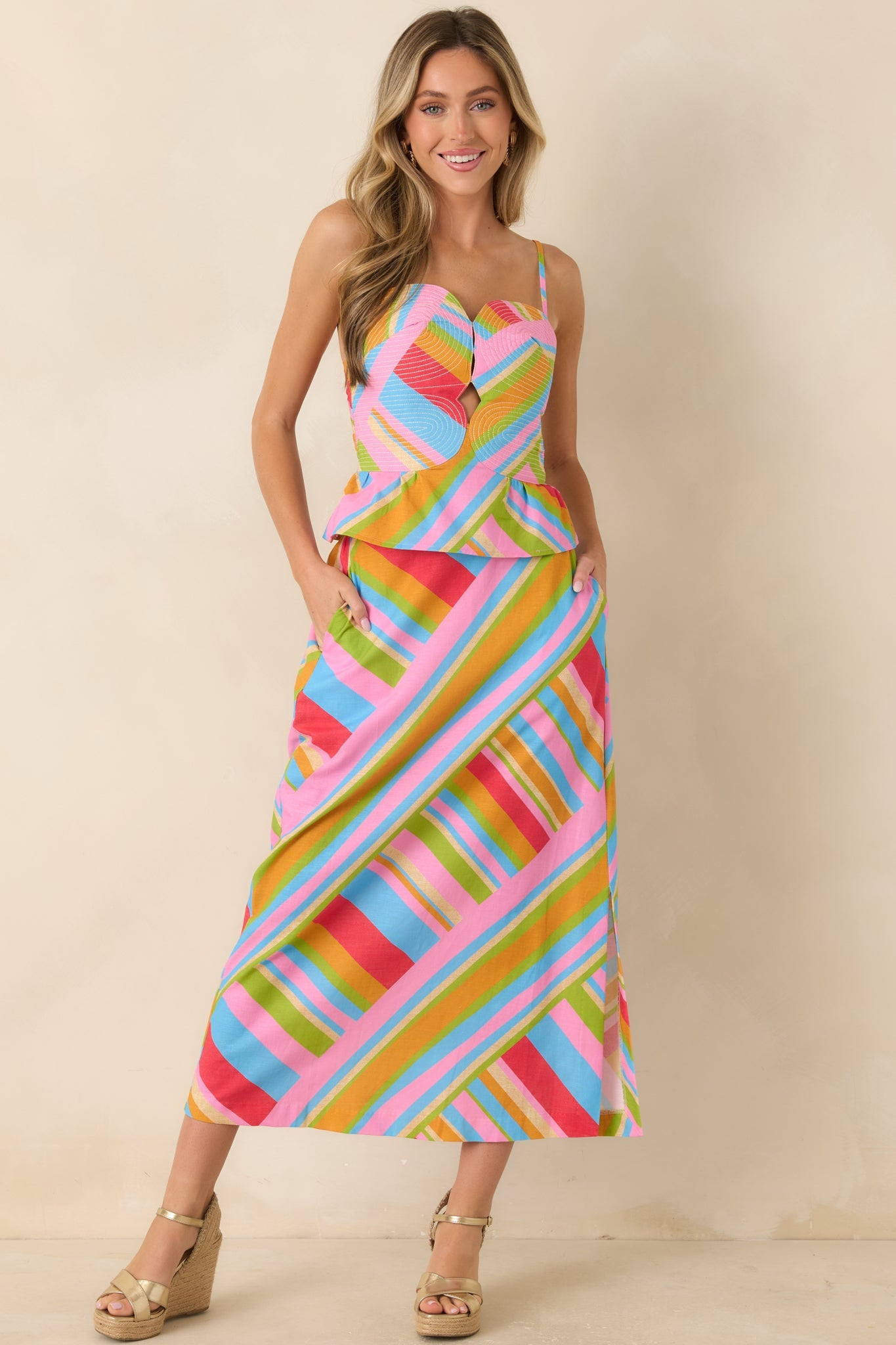 Nothing But Good Vibes Multi Geometric Cotton Linen Midi Skirt