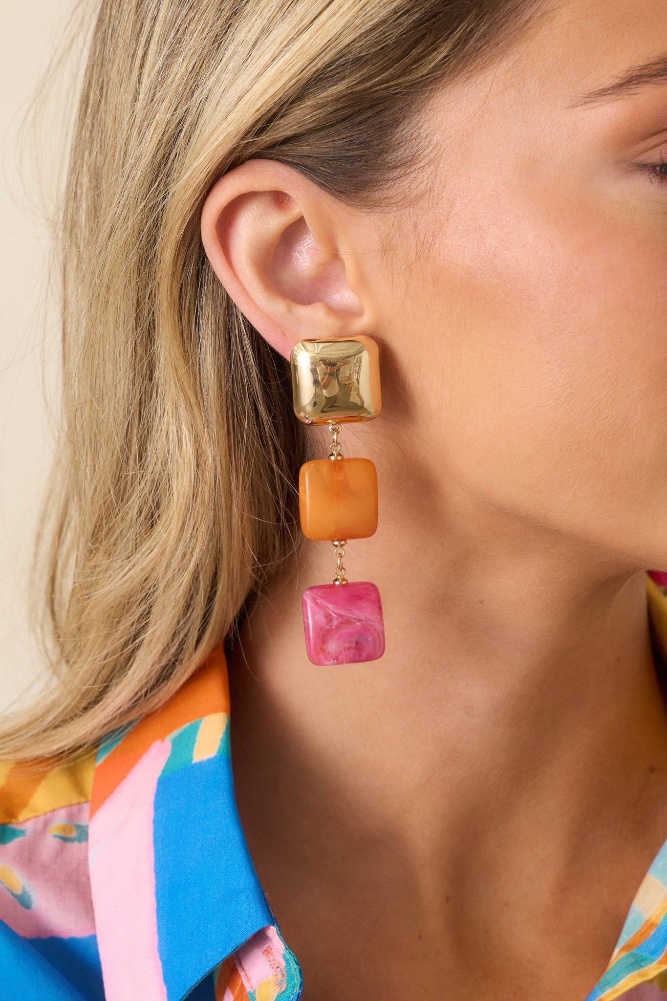 Catch the Sunset Orange & Pink Tiered Square Drop Earrings