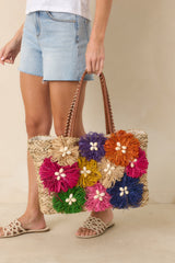 Fiesta Flora Natural Multi Floral Raffia Straw Tote