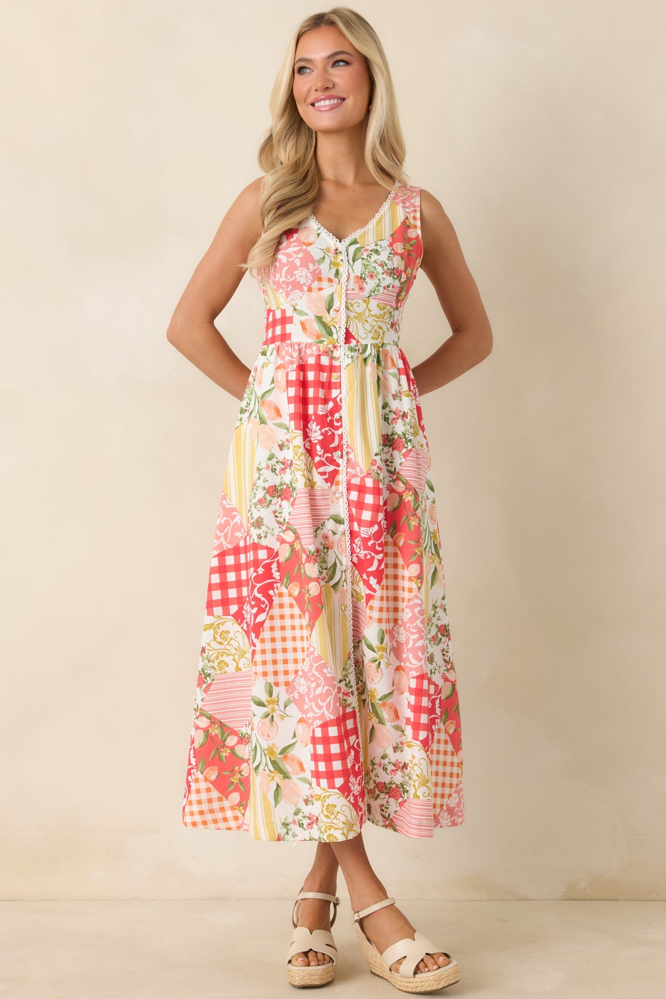 Sweet on Sunshine Red Multi Patchwork Print Midi Dress