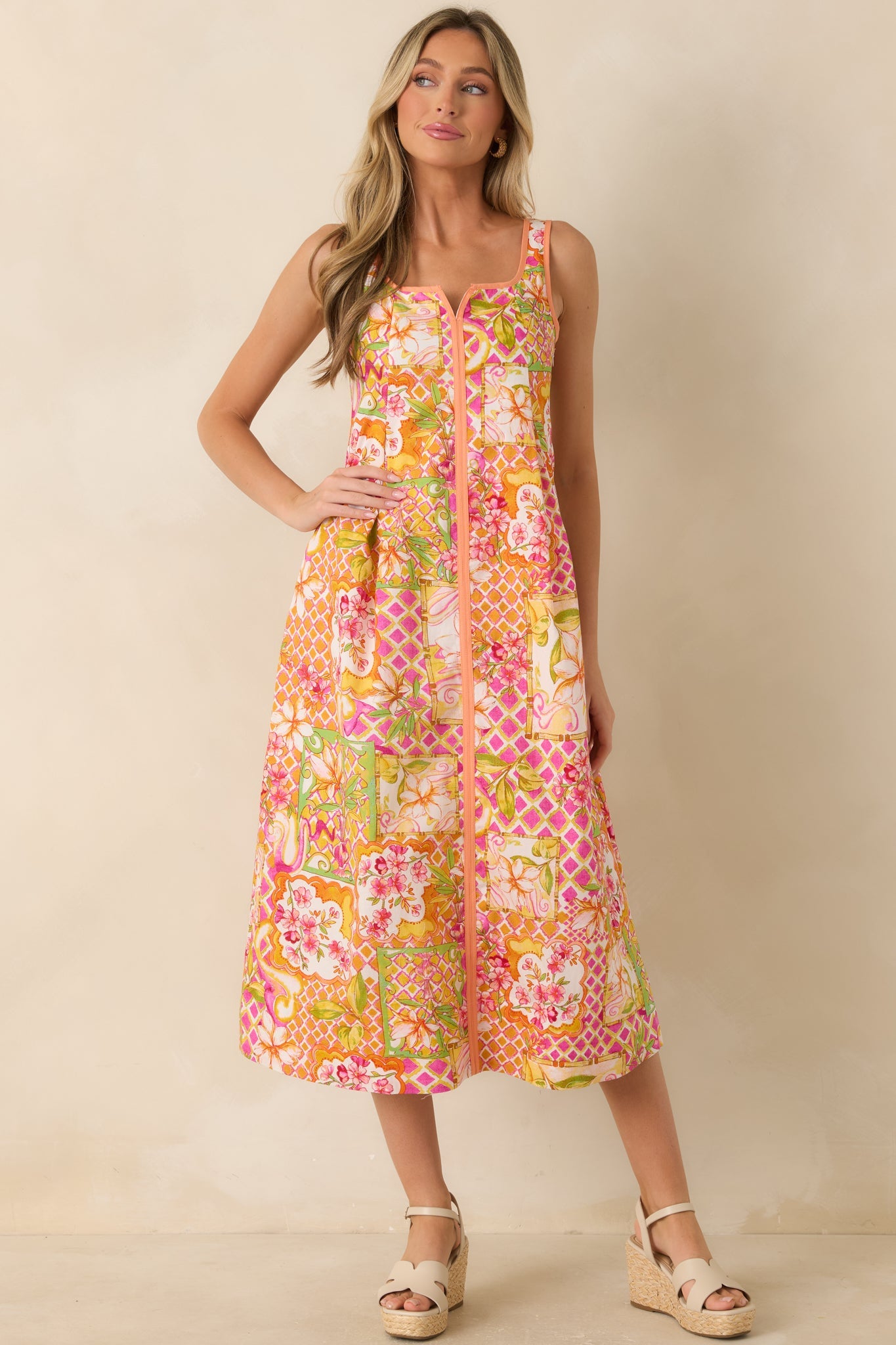 Resort Romance Pink Multi Cotton Floral Print Midi Dress