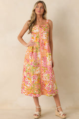 Resort Romance Pink Multi Cotton Floral Print Midi Dress