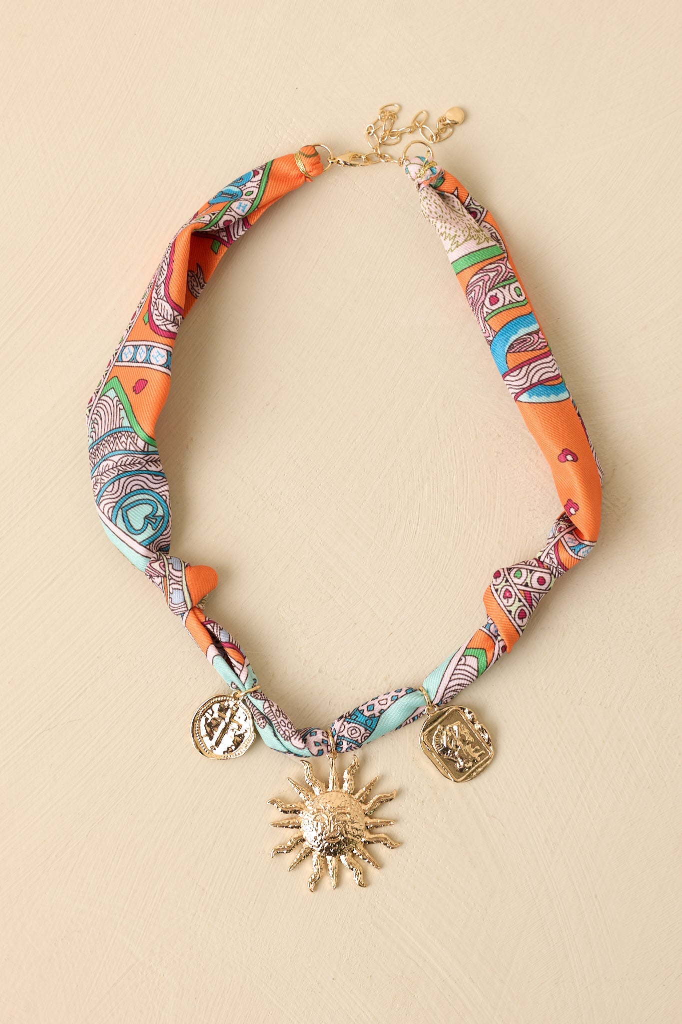 Sun Story Orange Multi Scarf Gold Charm Necklace