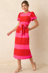Boldly Yours Red & Pink Stripe Puff Sleeve Midi Dress