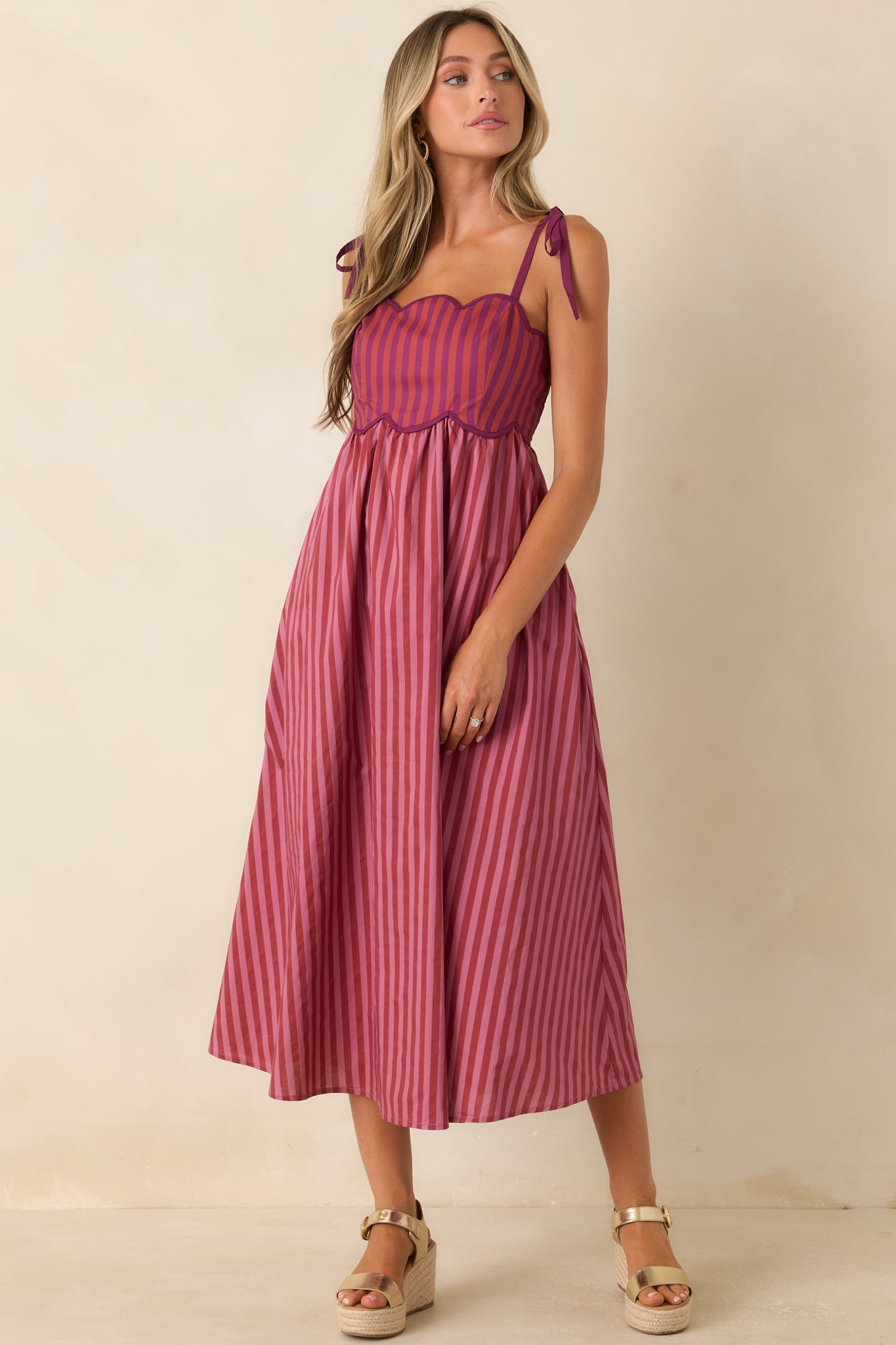 Wrong Place, Right Time Plum & Burgundy Stripe Cotton Midi Dress