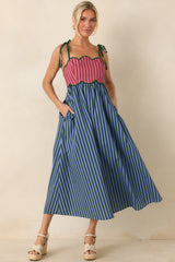 Wrong Place, Right Time Blue & Burgundy Stripe Cotton Midi Dress