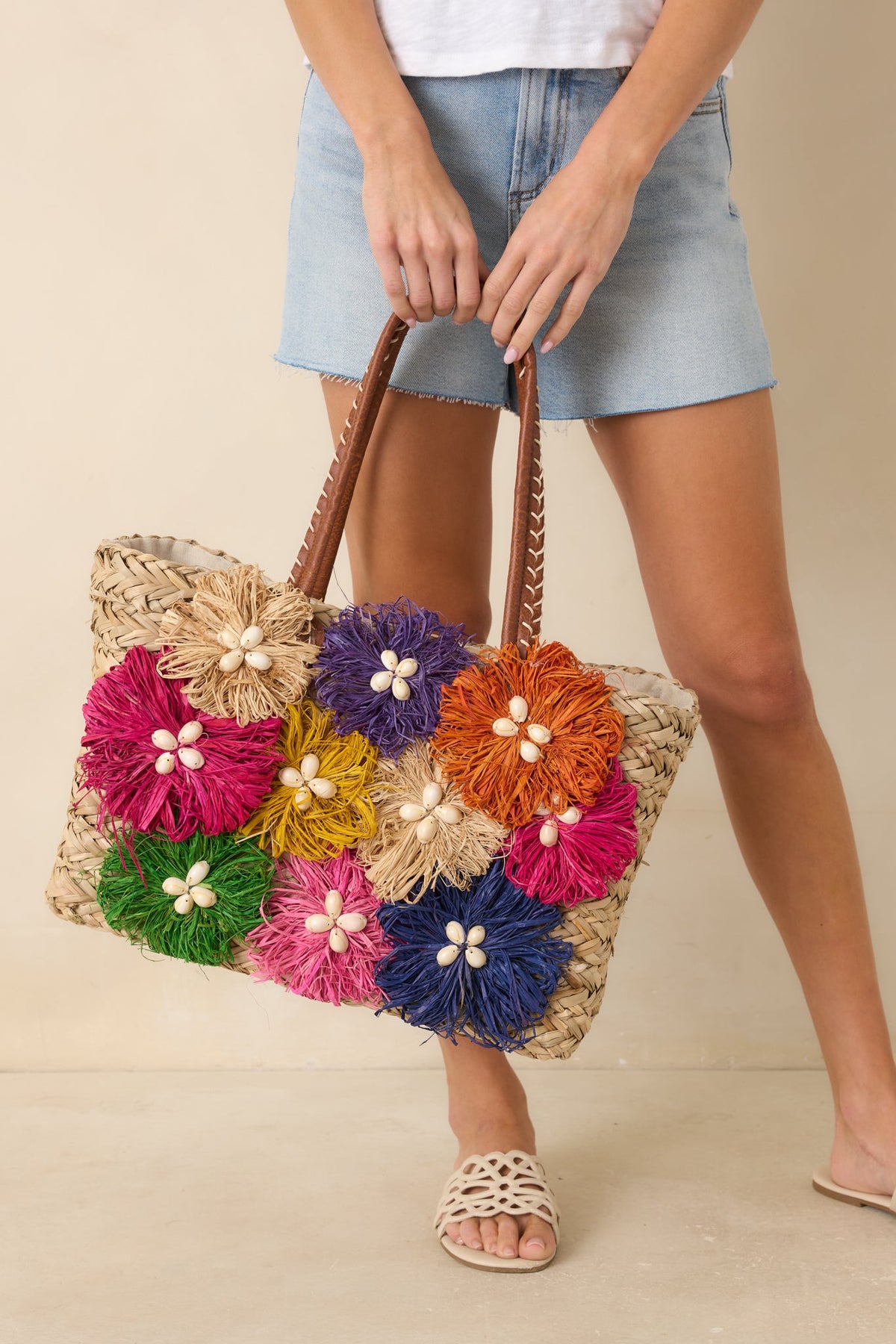 Fiesta Flora Natural Multi Floral Raffia Straw Tote