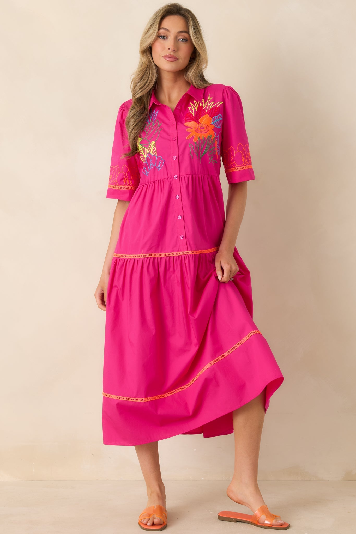 Island Glow Fuchsia Tropical Cotton Embroidered Tiered Midi Dress