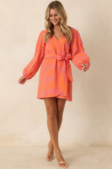 Sunset Check-In Pink & Orange Plaid Cotton Wrap Mini Dress