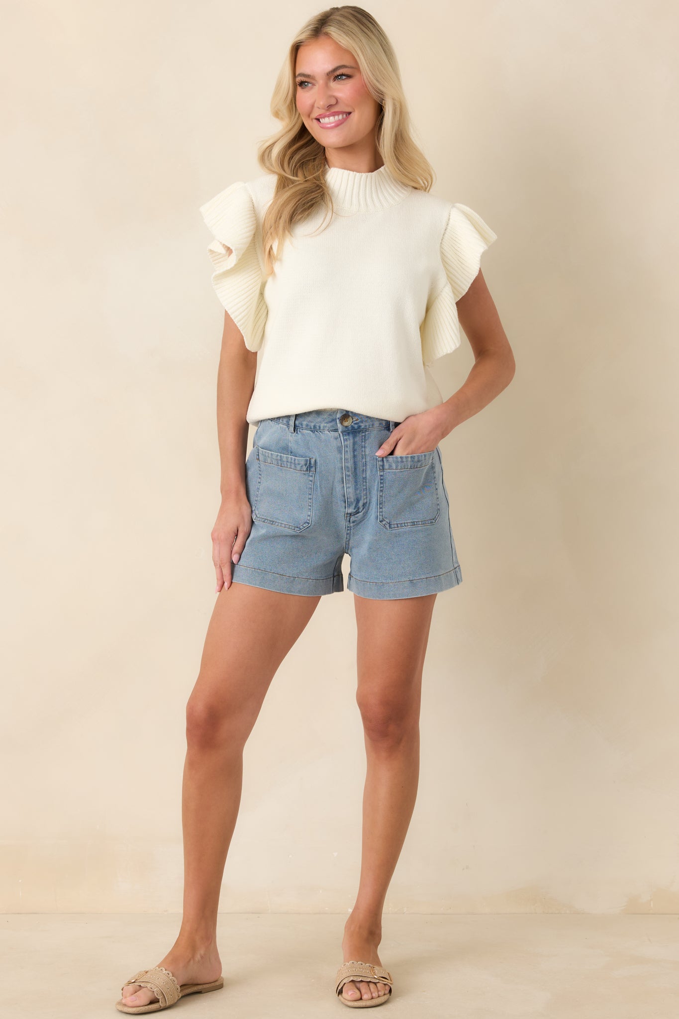 Watch Her Work Ivory Knit Flutter Sleeve Top
