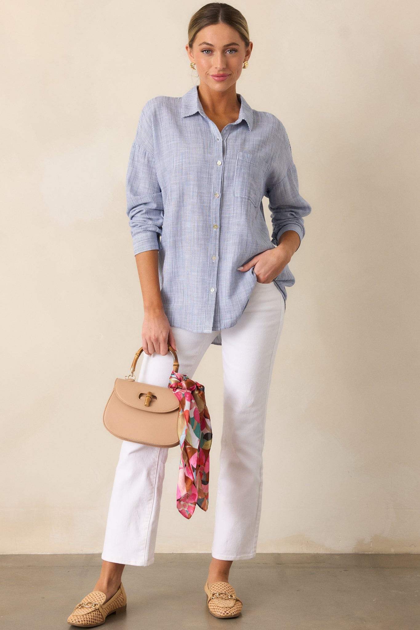 What Do You Mean Blue Stripe Linen Blend Button Front Top