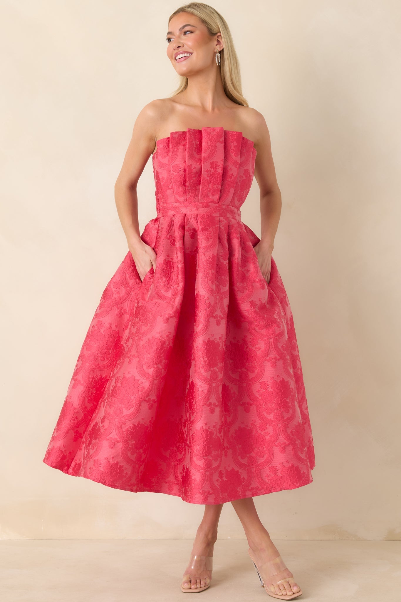 The Genevieve Hot Pink Jacquard Strapless Midi Dress