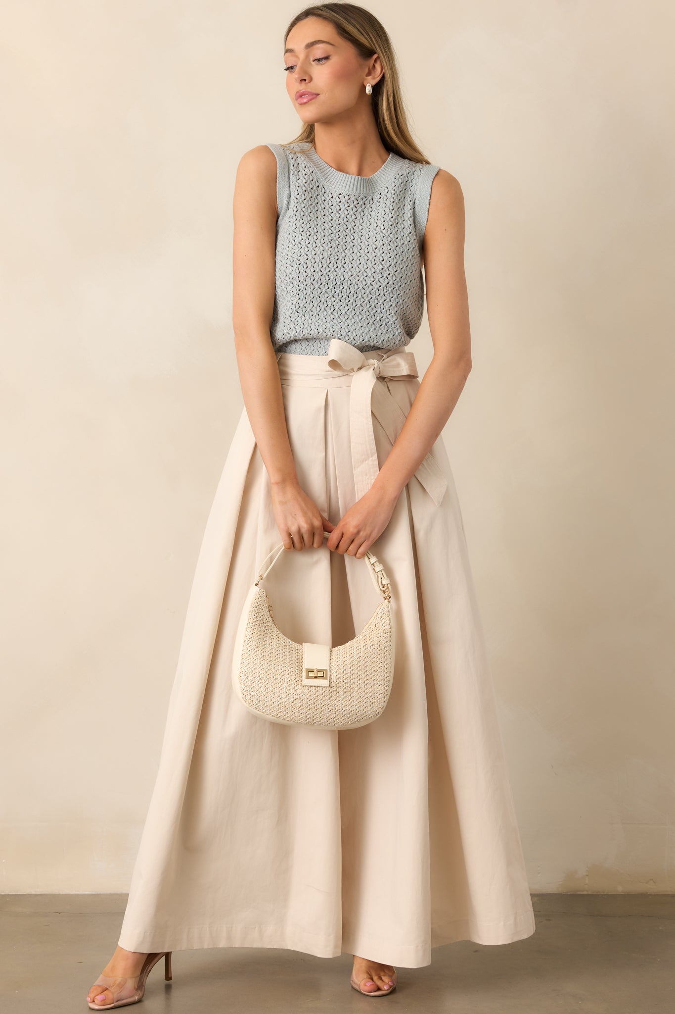 Taking Time Off Ecru Cotton Belted Palazzo Pants
