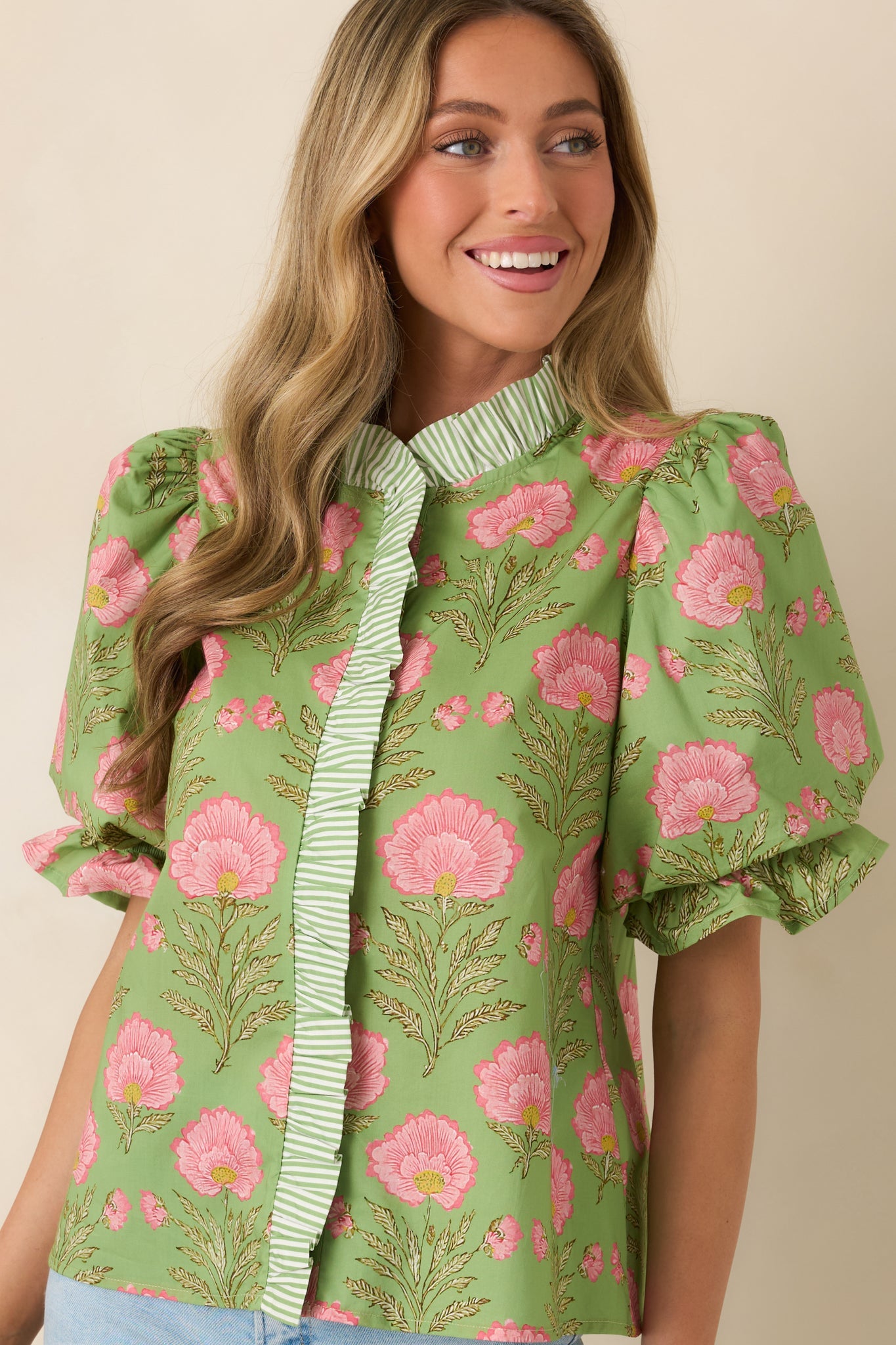 Meadow Morning Green & Pink Floral Print Puff Sleeve Top