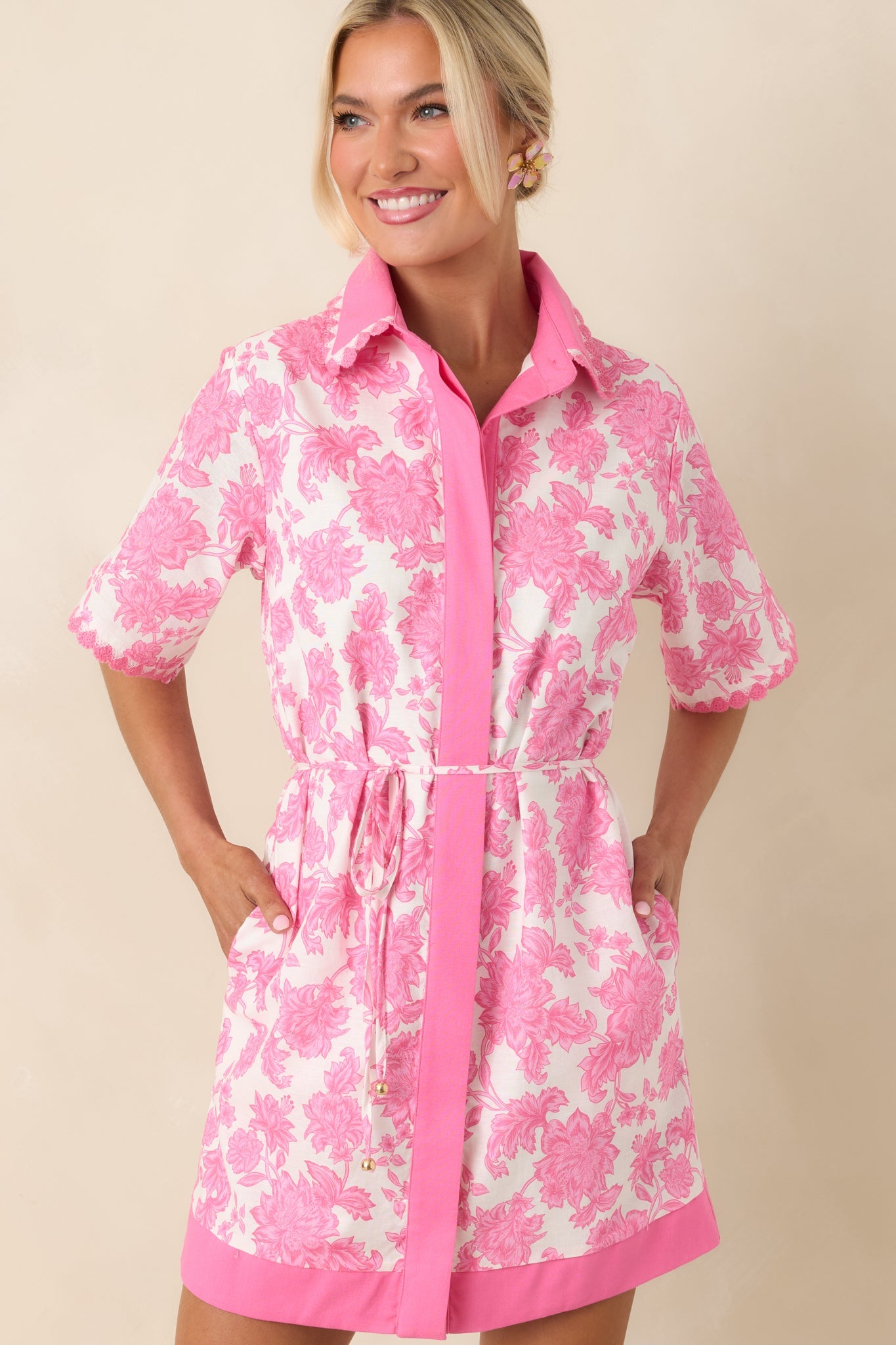 Pretty Impressive Pink & Ivory Floral Cotton Linen Mini Shirt Dress