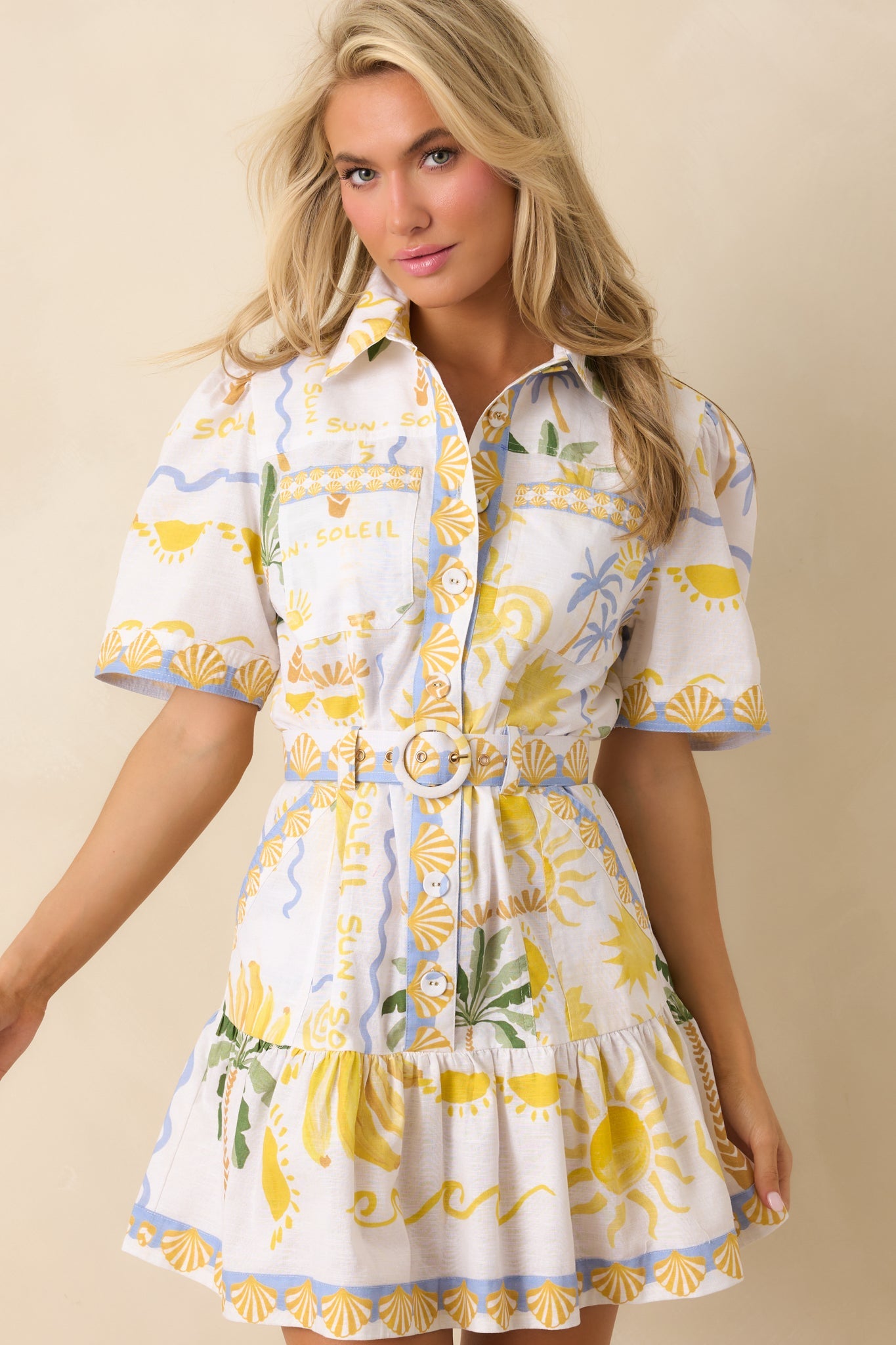Paradisa Viscaya White Multi Linen Blend Tropical Print Belted Mini Dress